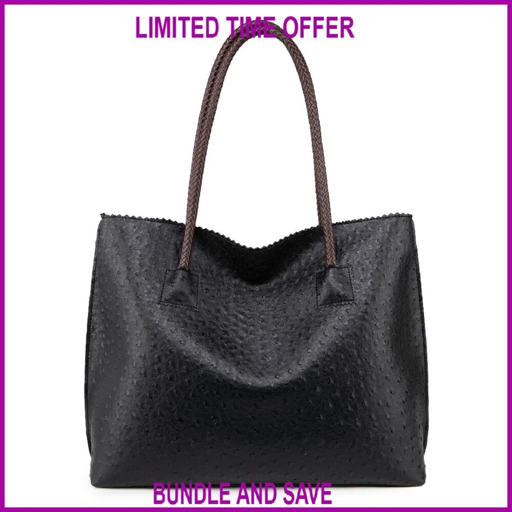 Large Vegan Leather Tote Bag with Zipper Top Laptop Compartment Hobo Style